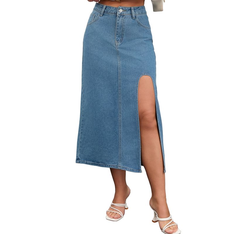 Women's Long Denim Skirt Casual Fall Y2k Midi High Slit Jean Skirts Blue